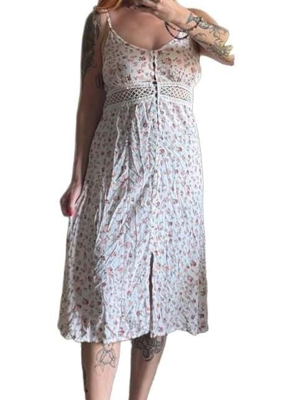 Cottagecore No Comment Floral Midi Dress Size XS White Rose Print Lace Trim